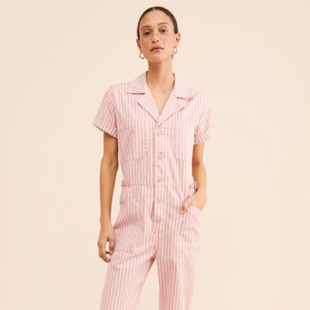 Like New Pistola Grover Field Suit Coveralls Jumpsuit Peony Pink Stripe M $180
